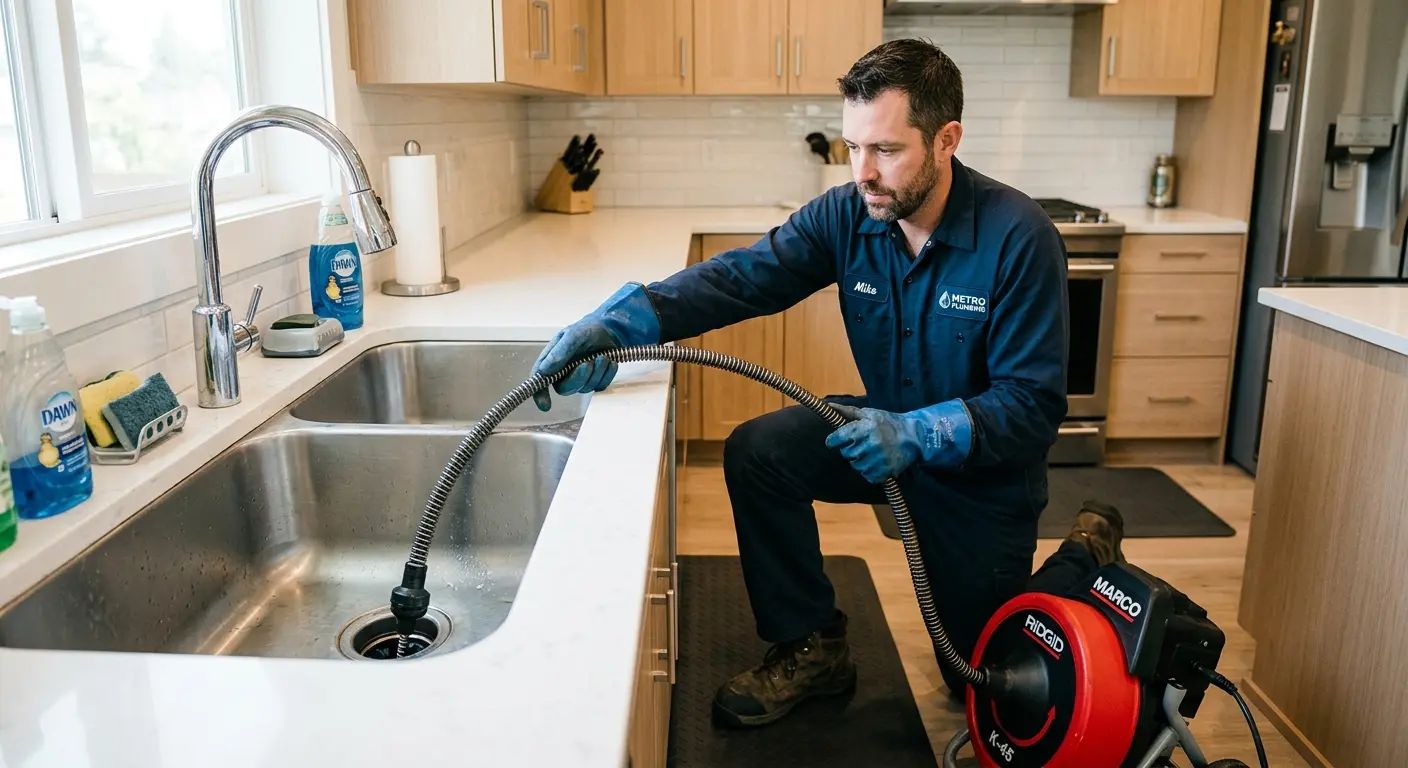 Drain cleaning technician using a motorized snake on a kitchen sink in Lima