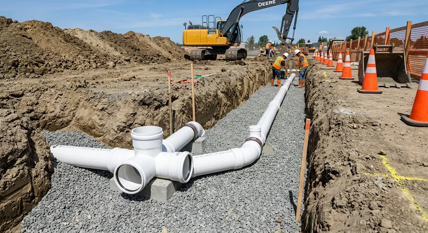 New PVC sewer pipe installation in open trench for Grease Trap Cleaning in Lima