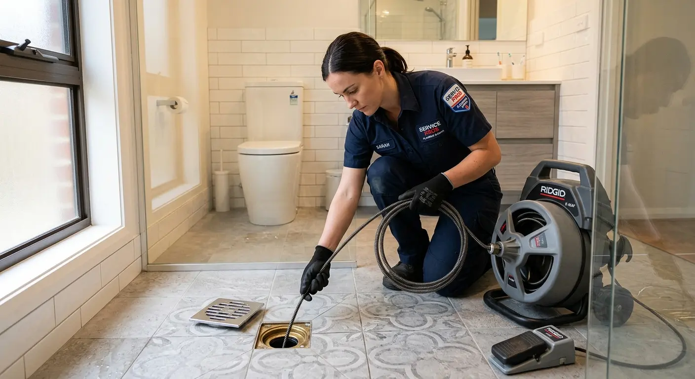 Technician clearing a bathroom floor drain for Drain Cleaning in Lima